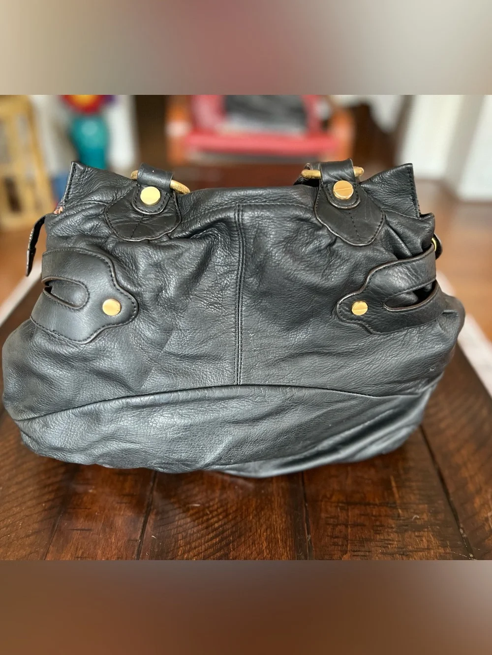 B. Makowsky Black Pebbled Leather Slouchy Hobo Shoulder Bag Y2K Gold Buckle